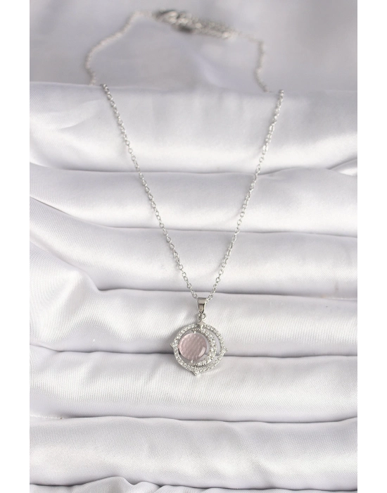 Bamido 316l Çelik Gümüş Renk Zirkon Taşlı Pembe Sedefli Hilal Model Kadın Kolye - Lisinya