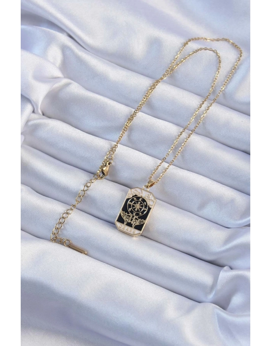 Bamido 316l Çelik Zincir Altın Renk İşlemeli Siyah Mineli Tarot Kolye - Lisinya