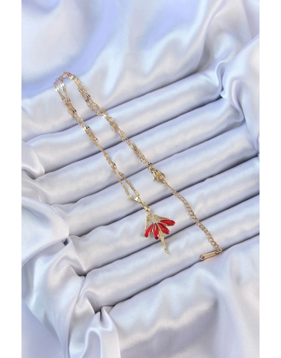 Bamido 316l Çelik Zincir Altın Renk Kırmızı Etekli Zirkon Taşlı Balerin Kolye - Lisinya