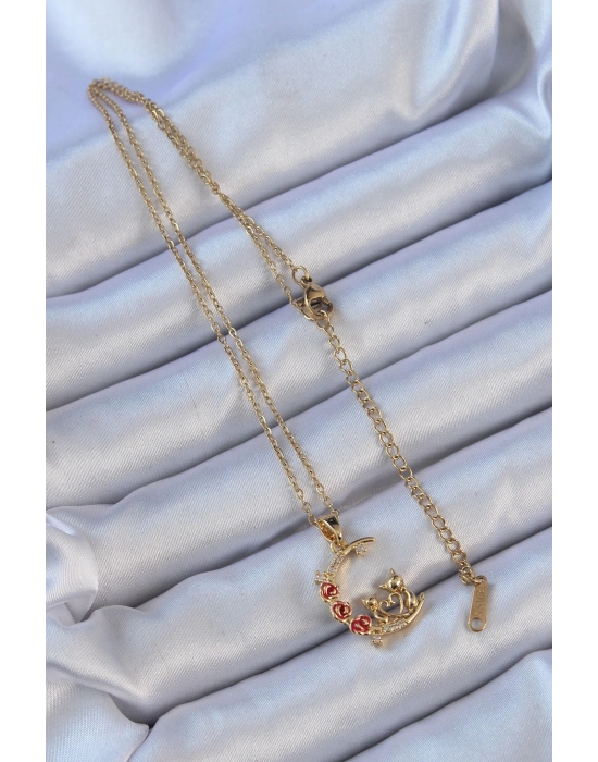 Bamido 316l Çelik Zincir Altın Renk Kırmızı Gül Detay Kedi Figür Zirkon Taşlı Ay Kolye - Lisinya