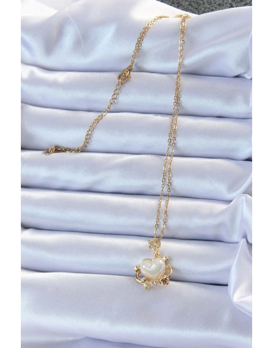 Bamido 316l Çelik Zincir Altın Renk Zirkon Taşlı Gezegen Görünümlü Kalp Kolye - Lisinya