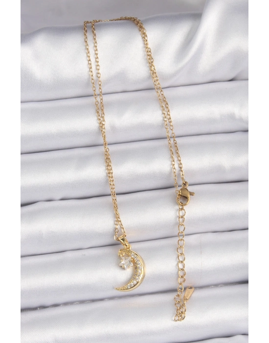 Bamido 316l Çelik Zincir Altın Renk Zirkon Taşlı Sallantılı Ay Yıldız Kolye - Lisinya