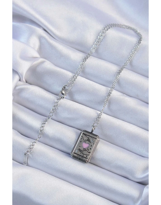 Bamido 316l Çelik Zincir Eskitme Gümüş Renk Pembe Mineli Kalp Figürlü Tarot Kolye - Lisinya