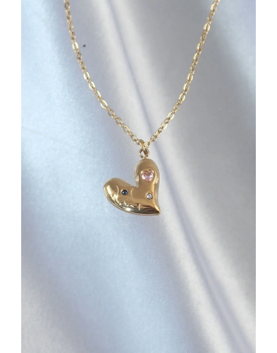 Bamido 316l Çelik Zincir Gold Renk Renkli Zirkon Taşlı Kalp Kolye - Lisinya