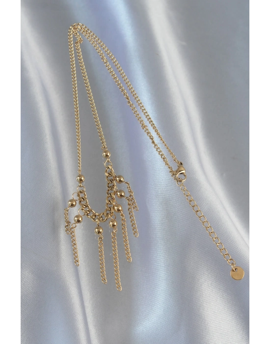 Bamido 316l Çelik Zincir Gold Renk Topçuk Detay Sallantılı Zincir Kolye - Lisinya