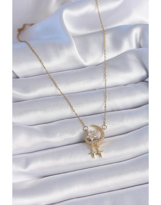 Bamido 316l Çelik Zincir Gold Renk Zirkon Taşlı Hilal Model Yıldız Detay Kadın Kolye - Lisinya