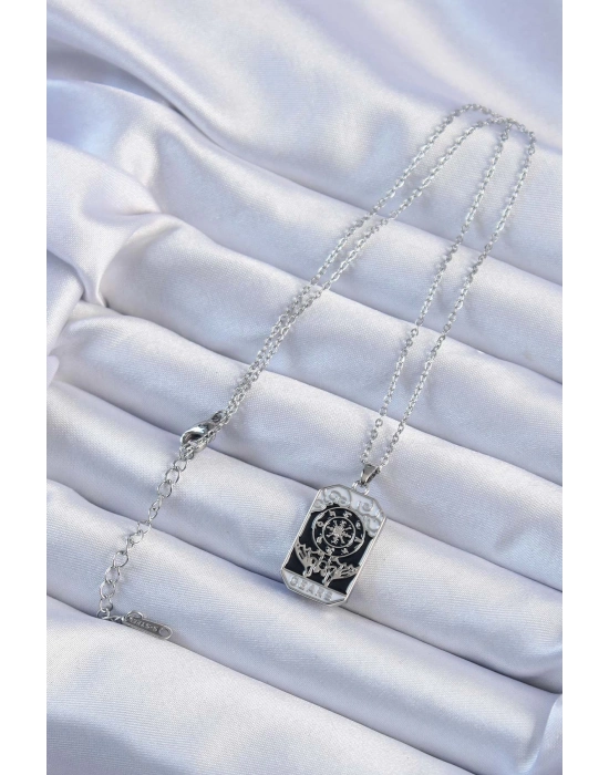 Bamido 316l Çelik Zincir Gümüş Renk İşlemeli Siyah Mineli Tarot Kolye - Lisinya