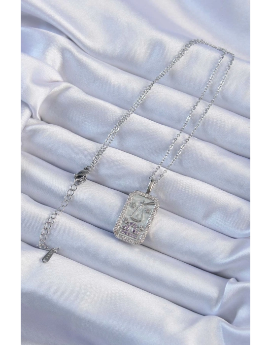 Bamido 316l Çelik Zincir Gümüş Renk Lila Zirkon Taşlı Tarot Kolye - Lisinya