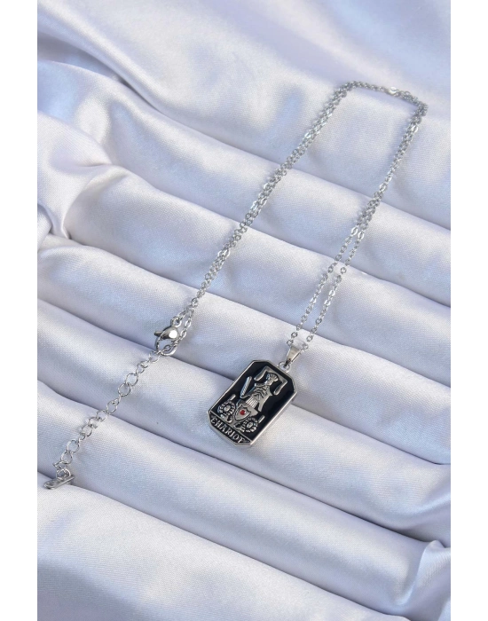 Bamido 316l Çelik Zincir Gümüş Renk Siyah Mineli Tarot Kolye - Lisinya