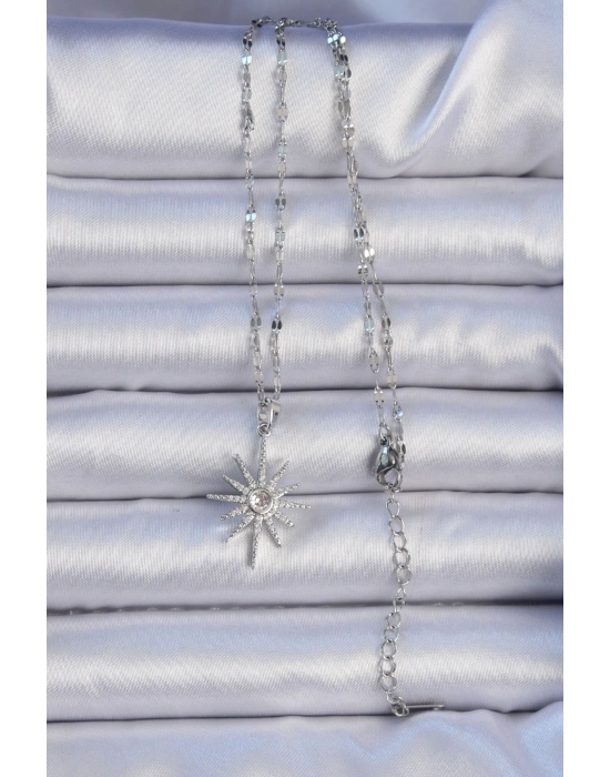 Bamido 316l Çelik Zincir Gümüş Renk Zirkon Taşlı Kutup Yıldızı Kolye - Lisinya