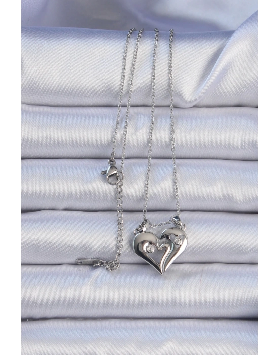 Bamido 316l Çelik Zincir Gümüş Renk Zirkon Taşlı Mıknatıslı Kalp Kolye - Lisinya