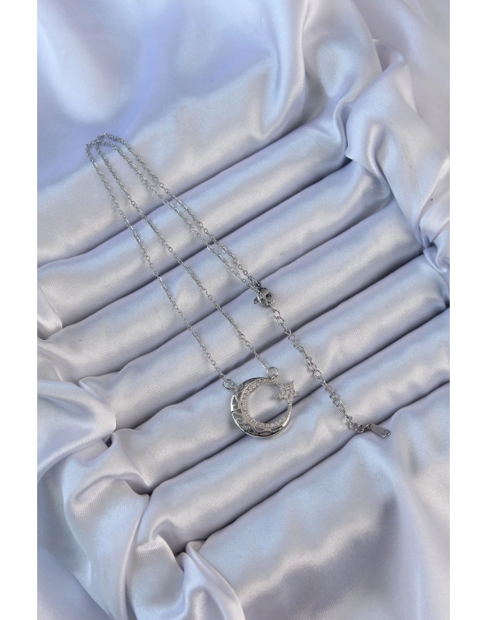 Bamido 316l Çelik Zincir Gümüş Renk Zirkon Taşlı Motifli Ay Yıldız Kolye - Lisinya