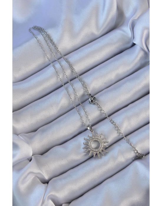 Bamido 316l Çelik Zincir Gümüş Renk Zirkon Taşlı Parlayan Güneş Kolye - Lisinya
