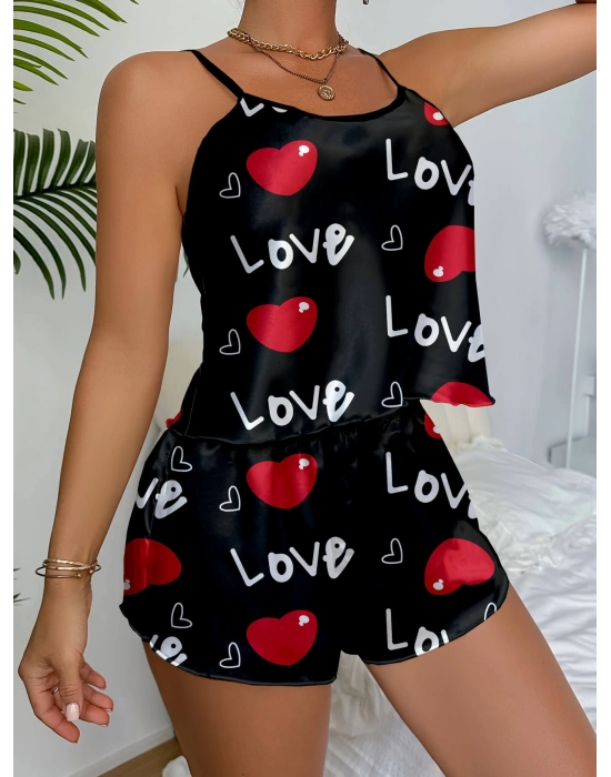 Bamido Aşk Temalı Kalp Desenli Siyah Saten Şortlu Gecelik Takım
