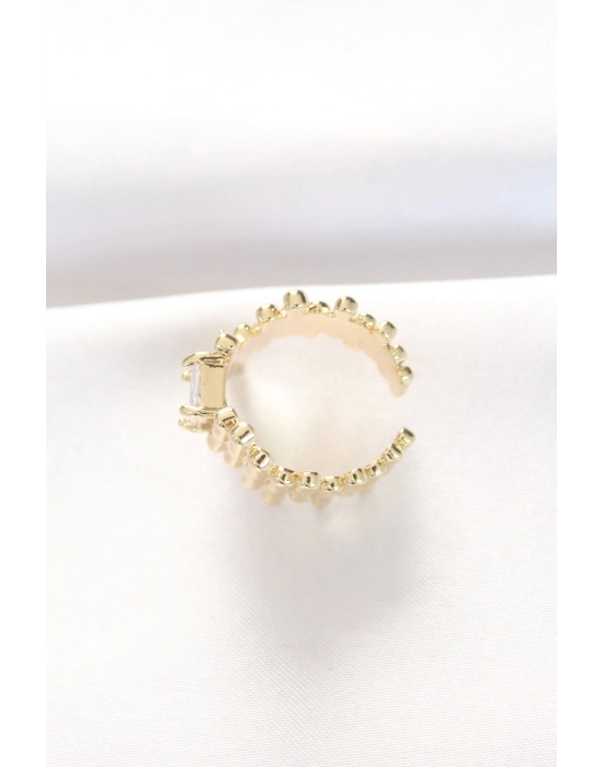 Bamido Gold Renk Tırtıklı Kalın Baget Taş Tasarım Ayarlanabilir Yüzük - Lisinya