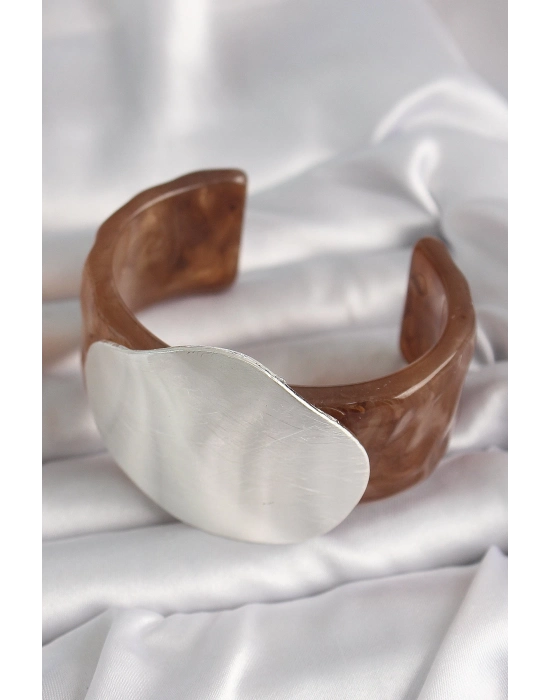 Bamido Kahverengi Mermer Desen Akrilik Plastik Gümüş Plaka Model Vintage Kadın Bilezik - Lisinya