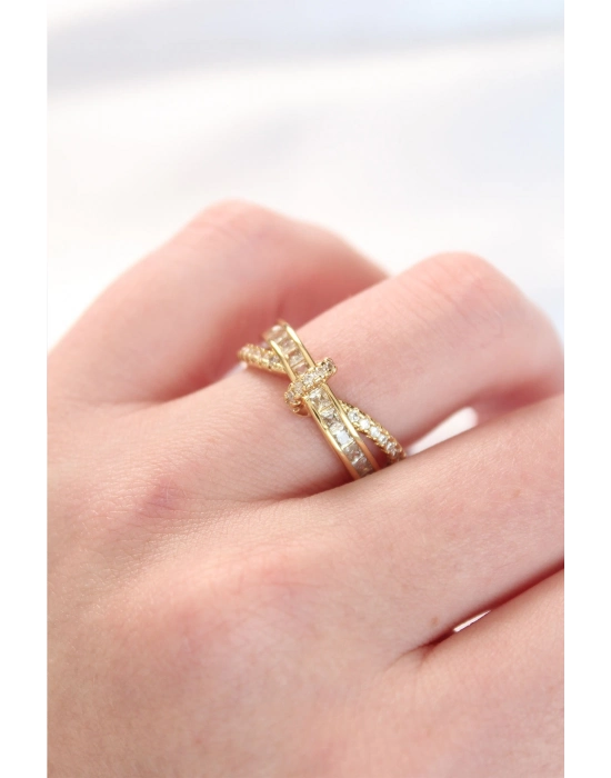 Bamido Kıvrım Model Gold Renk Zirkon Taşlı Ayarlanabilir Yüzük - Lisinya