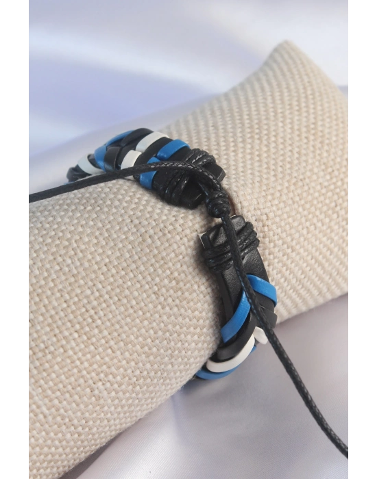 Bamido Mavi Beyaz Renk Siyah Deri İpli Erkek Bileklik - Lisinya