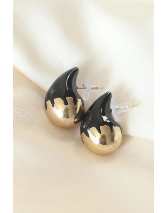 Bamido Minimal Siyah Mineli Çift Renk Damla Küpe - Lisinya