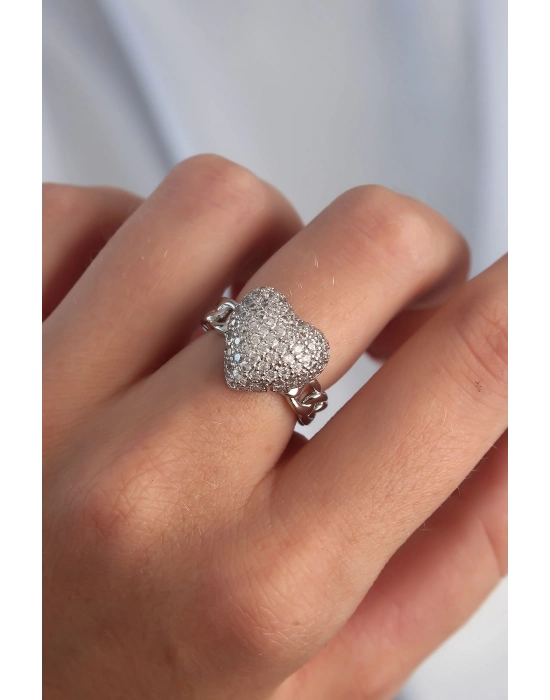 Bamido Pirinç Ayarlamalı Gümüş Renk Zirkon Taşlı Bombeli Kalp Yüzük - Lisinya