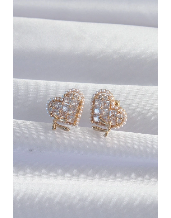 Bamido Pirinç Gold Renk Fiyonk Detay İncili Zirkon Taşlı Kalp Küpe - Lisinya