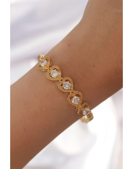 Bamido Pirinç Gold Renk İçi Zirkon Taşlı Kalp Figürlü Bileklik - Lisinya