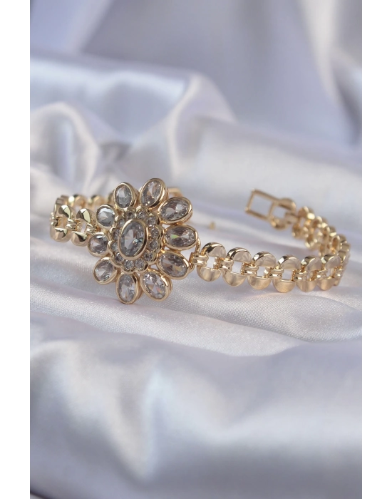 Bamido Pirinç Gold Renk İri Zirkon Taşlı Çiçek Figürlü Bileklik - Lisinya