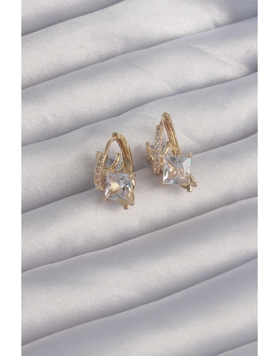 Bamido Pirinç Gold Renk İri Zirkon Taşlı Kıvrımlı Minimal Kelebekli Halka Küpe - Lisinya