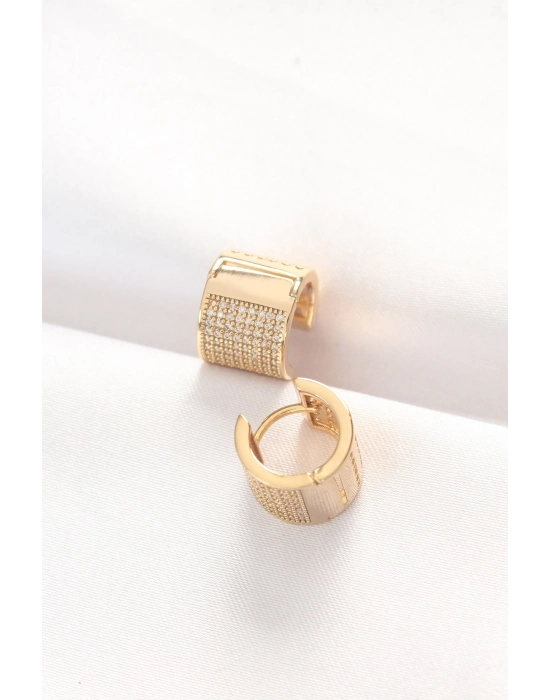 Bamido Pirinç Gold Renk Taşlı Minimal Küpe - Lisinya