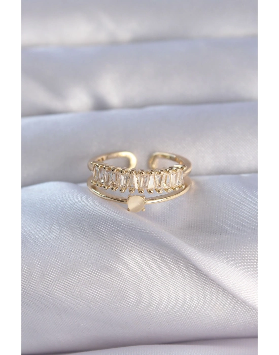 Bamido Pirinç Gold Renk Zirkon Taşlı Baget Su Yolu Model Ayarlanabilir Yüzük - Lisinya