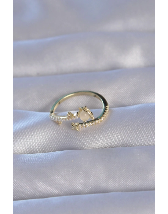 Bamido Pirinç Gold Renk Zirkon Taşlı İncili Satürn Model Ayarlanabilir Yüzük - Lisinya