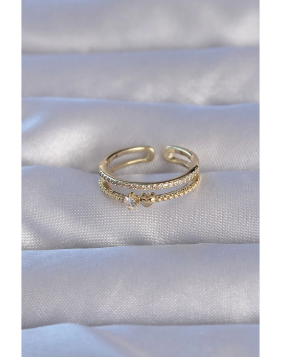 Bamido Pirinç Gold Renk Zirkon Taşlı Kalpli Su Yolu Model Ayarlanabilir Yüzük - Lisinya