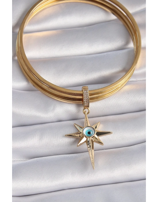 Bamido Pirinç Gold Renk Zirkon Taşlı Kutup Yıldızı Nazar Boncuk Detay Ajda Charm - Lisinya