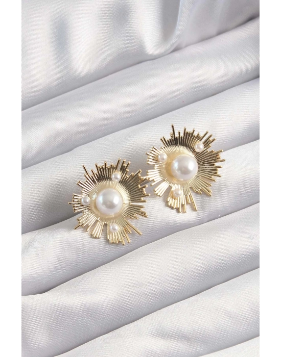 Bamido Pirinç Gold Renk Zirkon Taşlı Parlayan İnci Taneleri Küpe - Lisinya