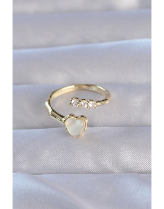 Bamido Pirinç Gold Renk Zirkon Taşlı Sedefli Kalp Model Ayarlanabilir Yüzük - Lisinya