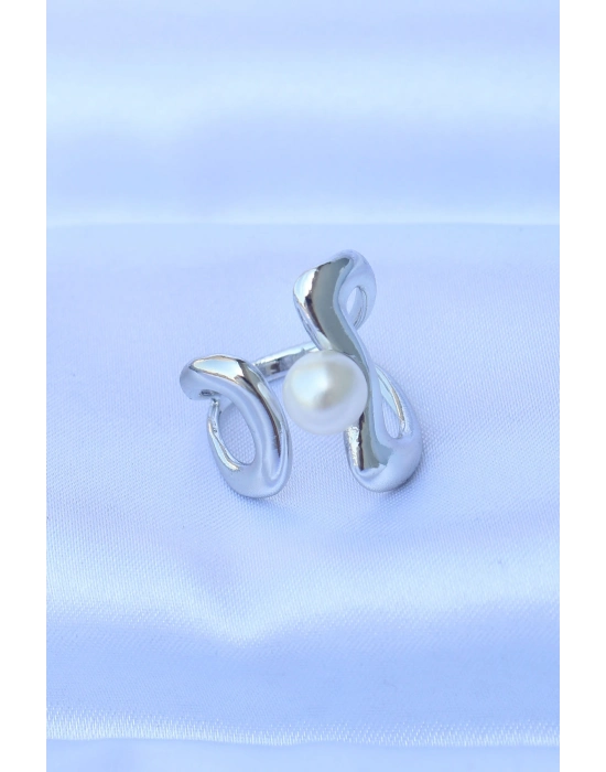 Bamido Pirinç Gümüş Renk Ayarlanabilir İnci Taşlı Yüzük - Lisinya