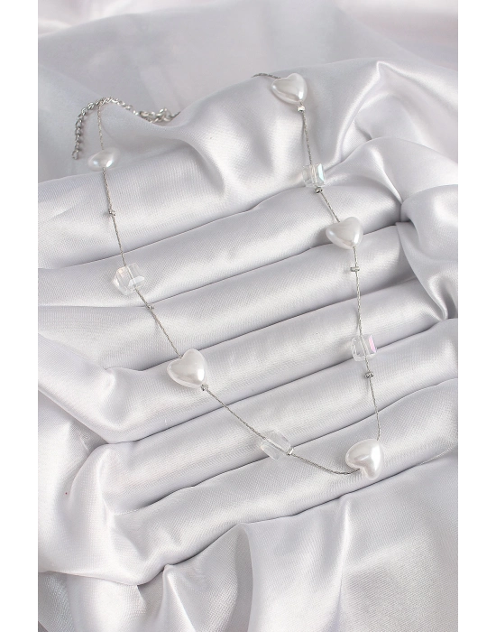 Bamido Pirinç Gümüş Renk Beyaz İnci Kalp Model Kadın Kolye - Lisinya