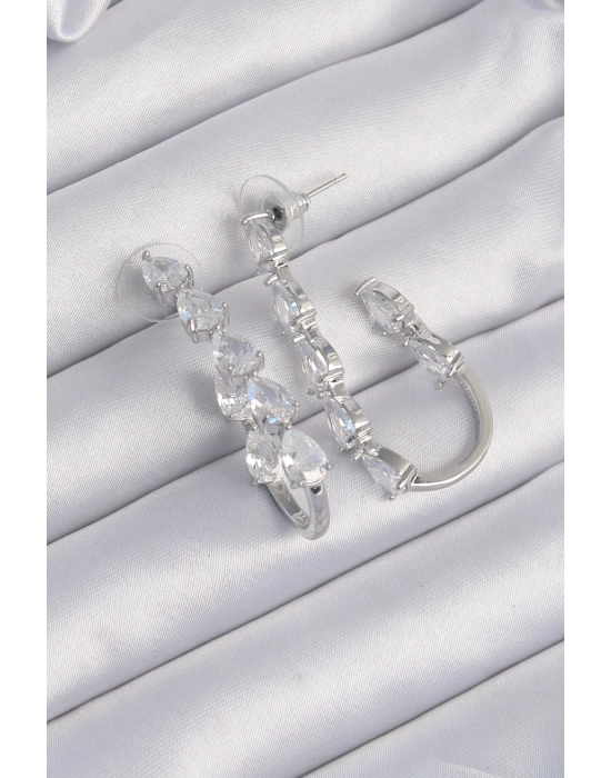 Bamido Pirinç Gümüş Renk Damla Zirkon Taş Tasarımlı Küpe - Lisinya