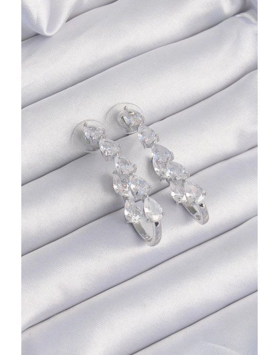 Bamido Pirinç Gümüş Renk Damla Zirkon Taş Tasarımlı Küpe - Lisinya