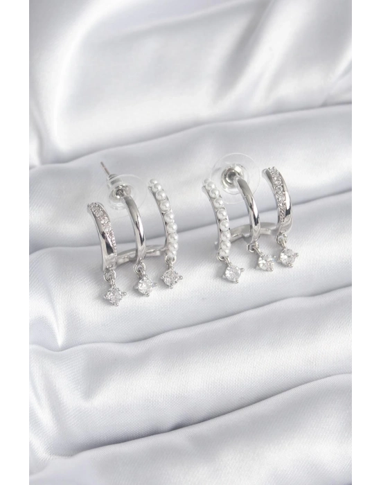 Bamido Pirinç Gümüş Renk Zirkon Taş Detay İncili Kadın Küpe - Lisinya