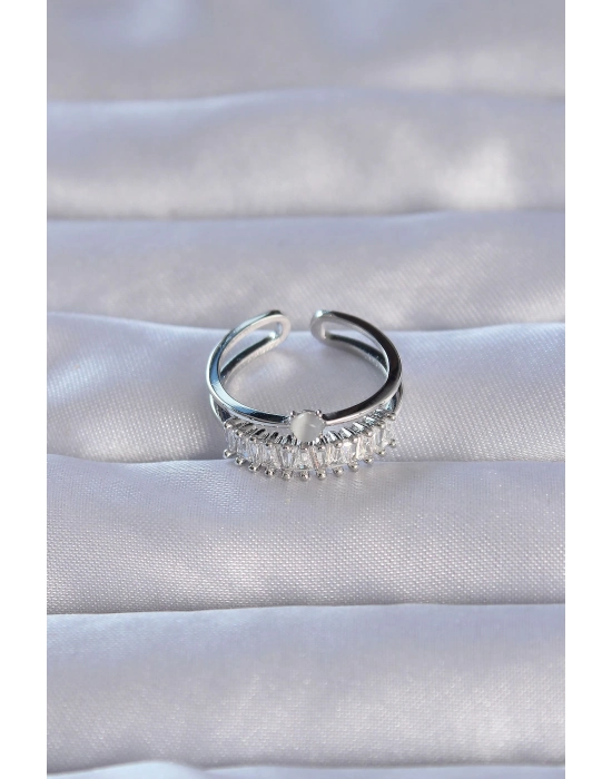 Bamido Pirinç Gümüş Renk Zirkon Taşlı Baget Su Yolu Model Ayarlanabilir Yüzük - Lisinya