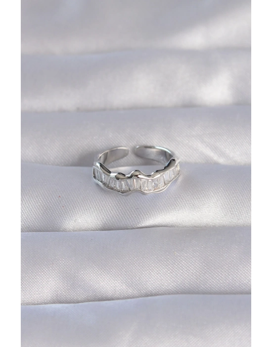 Bamido Pirinç Gümüş Renk Zirkon Taşlı Dalgalı Su Yolu Model Ayarlanabilir Yüzük - Lisinya