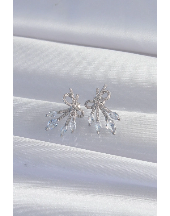 Bamido Pirinç Gümüş Renk Zirkon Taşlı Fiyonk Küpe - Lisinya