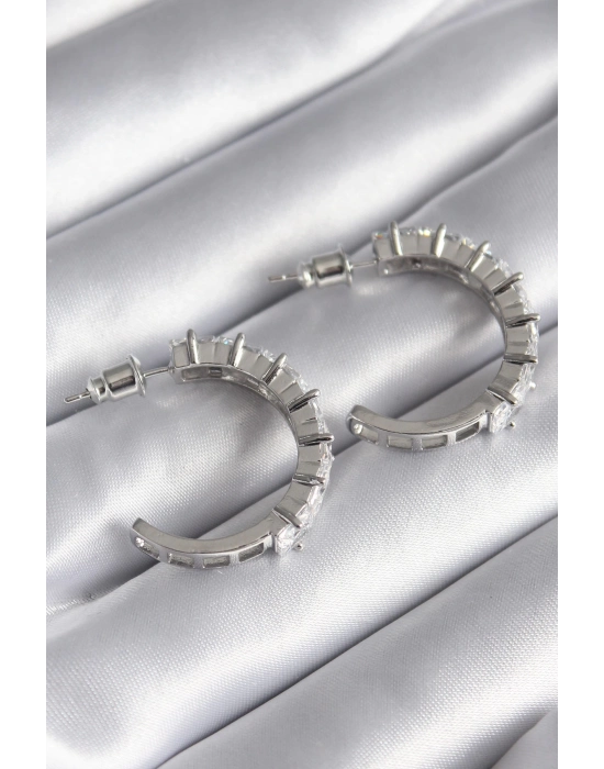 Bamido Pirinç Gümüş Renk Zirkon Taşlı Halka Model Kadın Küpe - Lisinya