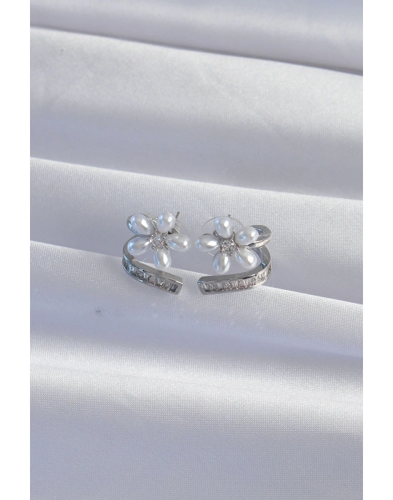 Bamido Pirinç Gümüş Renk Zirkon Taşlı Kıvrımlı İnci Çiçek Küpe - Lisinya