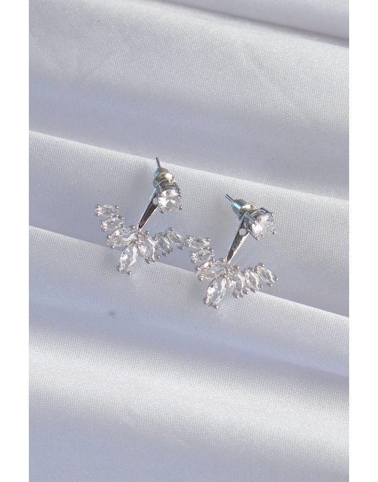 Bamido Pirinç Gümüş Renk Zirkon Taşlı V Model Küpe - Lisinya