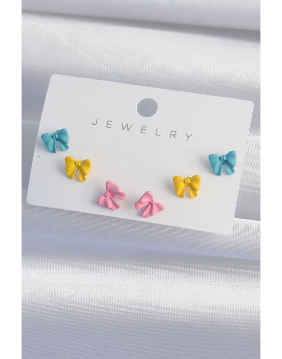 Bamido Pirinç Rengarenk Mineli Minimal Fiyonk Küpe Seti - Lisinya