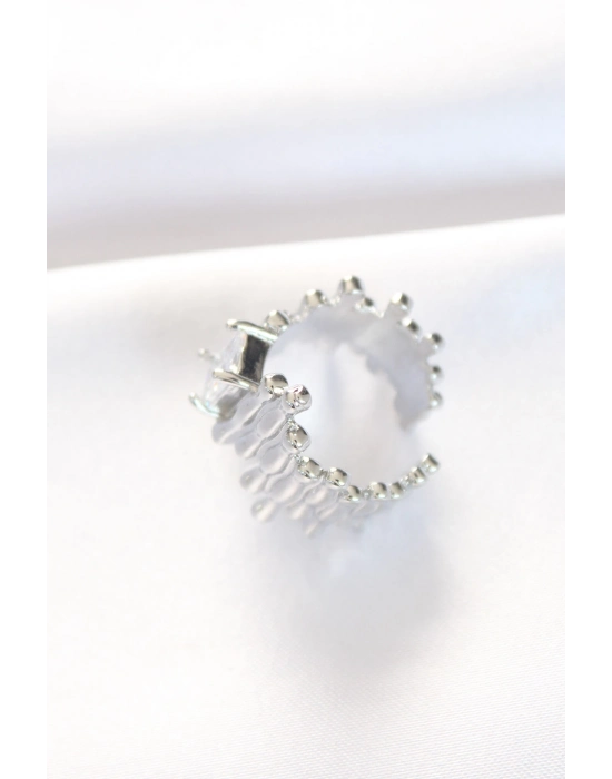 Bamido Silver Renk Tırtıklı Kalın Baget Taş Tasarım Ayarlanabilir Yüzük - Lisinya