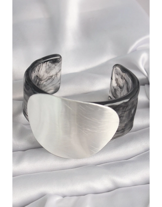 Bamido Siyah Mermer Desen Akrilik Pilastik Gümüş Plaka Model Vintage Kadın Bilezik - Lisinya