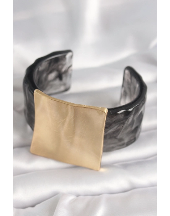 Bamido Siyah Mermer Desen Akrilik Plastik Gold Kare Plaka Model Vintage Kadın Bilezik - Lisinya